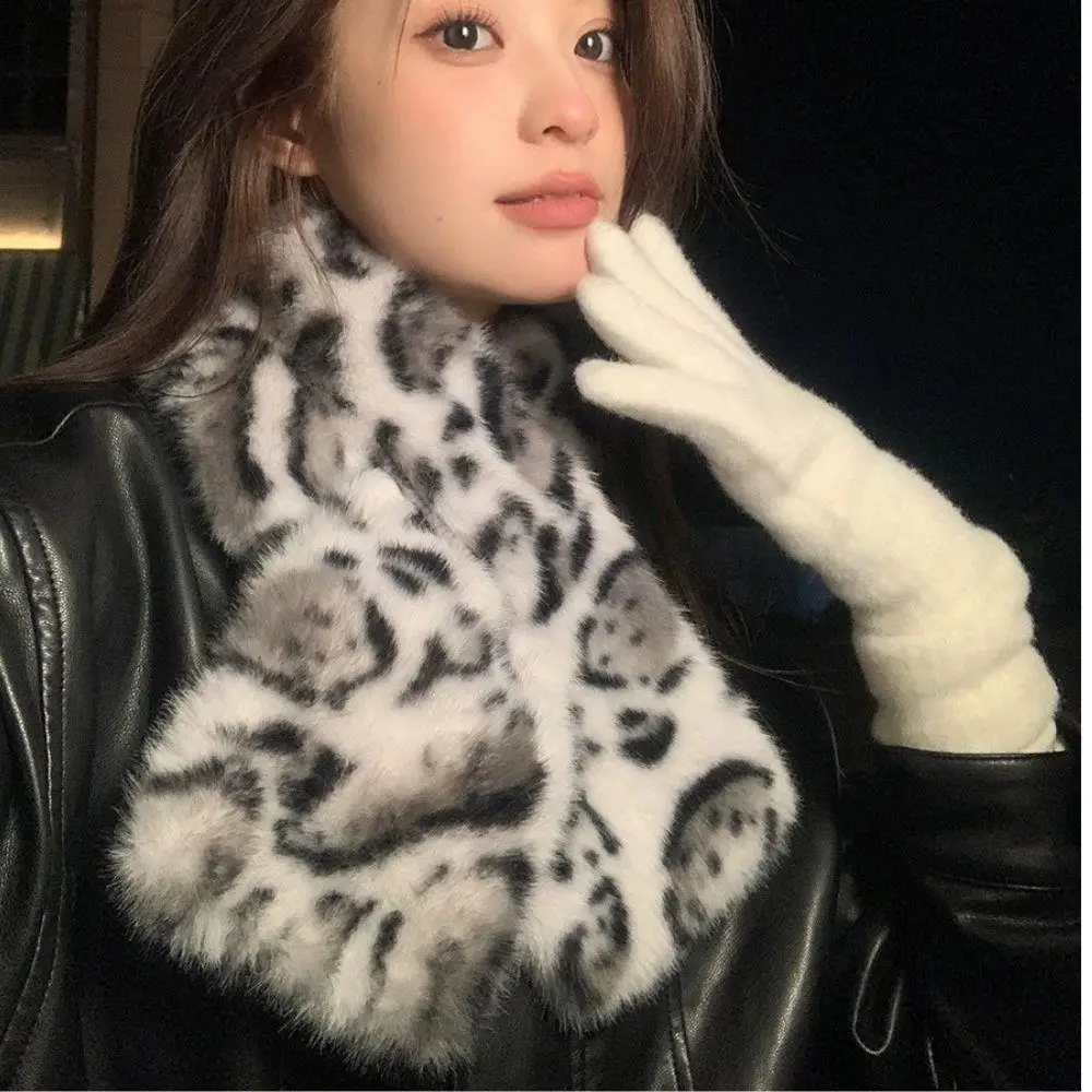 Fashion Leopard Print Cross Scarf Winter Thicken Warm Faux Rabbit Fur Collar Scarf Windproof Soft Winter Scarf Neck Warmer Hot