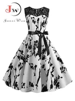Floral Print Vintage Women Summer A Line Lace Party Dresses Robe Tunic Casual Office Ladies Dress