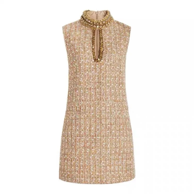 Elegant Tweed Beaded Stand Vest Dress Fashion Gold Hollowed Out Sleeveless Short Dresses Women 2025 New Spring Summer A8299