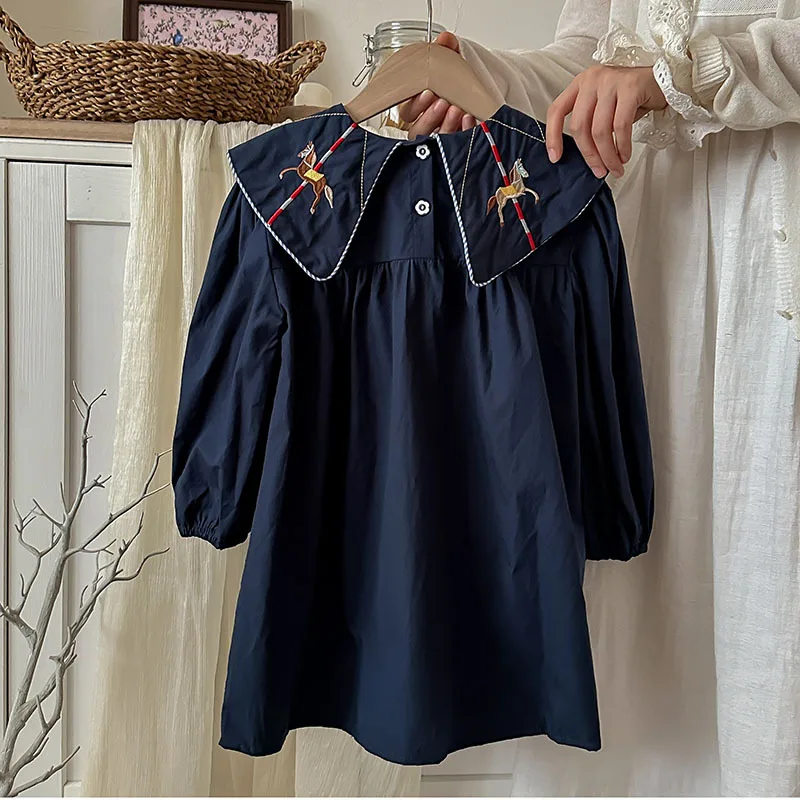 2024 Autumn Carousel Embroidery Lapel Long Sleeved Girls' Dress Clothing Spring Campus Navy Style Children's Pure Cotton Dress - Image 2