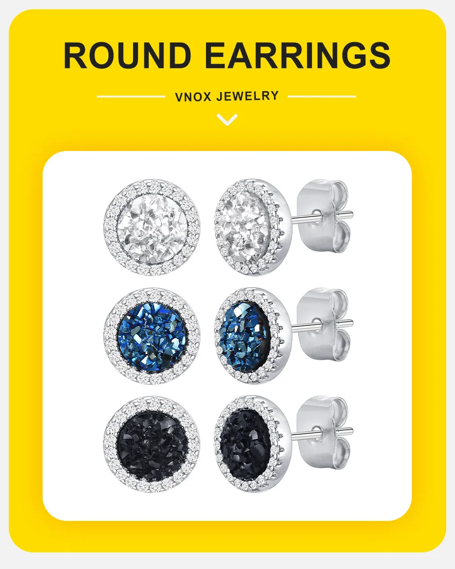 Vnox Black Crystal Round Circle Earrings for Men, Full Blue CZ Stone Ring Stud Earrings, Gothic Simple Piercing Ear Jewelry