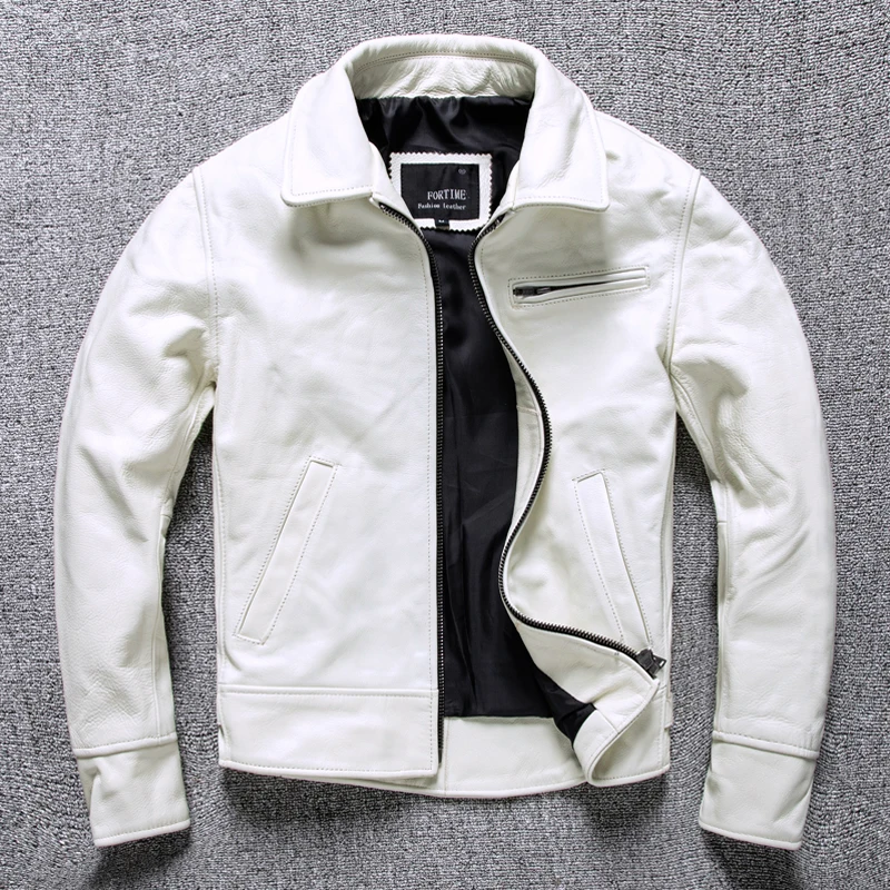 MensCasualSlimWhiteGenuineLeatherJacketFashionRealCowhide