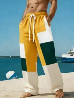 Pantalon décontracté pour homme à imprimé géométrique color block, coupe droite ample pour le printemps, l'été et les vacances à la plage, taille à cordon de serrage 3