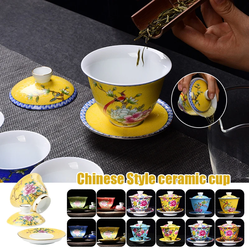 Exquisite Enamel Color Tea Cup Set Hand Painted Flower And Bird Master Cup Tea Bowl With Saucer Porcelain Kung Fu Teacup
