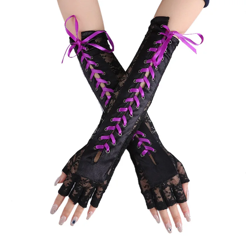 

Lace Strap Women Lolita Glove Fingerless Gloves Black Gothic Strapping Sunscreen Sleeve Elastic Mesh Punk Gloves Girls Cosplay