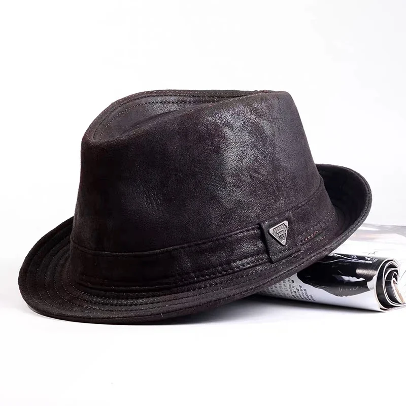 Male Fedoras Genuine Leather Suede Sheepskin Formal hat Gentleman Cow Skin Short Brim Black/Brown Top Hat Male Shows Gentleman