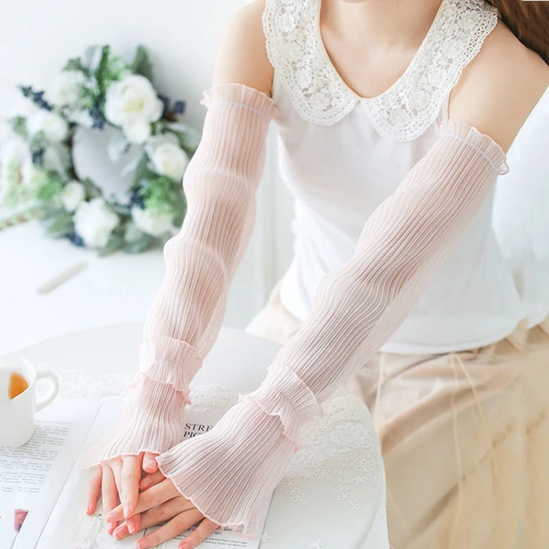 Summer Long Fingerless Gloves Women Sun Protection Sleeves Gloves Lady Thin Lace Mesh Arm Sleeve Sunscreen UV Breathable Mittens fingerless gloves sunscreen gloves arm sleeves