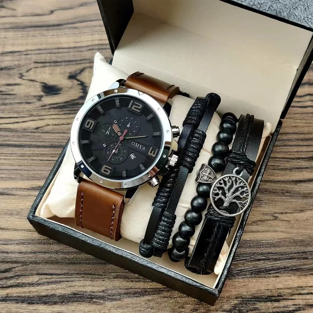 Fashion Heren Horloges Luxe Rvs Quartz Horloge Man Casual Lederen Klok Met Armbanden Relogio
