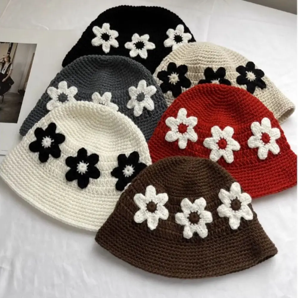 

Flower Bucket Hat Fashion Autumn Winter Breathable Fisherman Hat Handmade Crochet Outdoor Bucket Cap Women