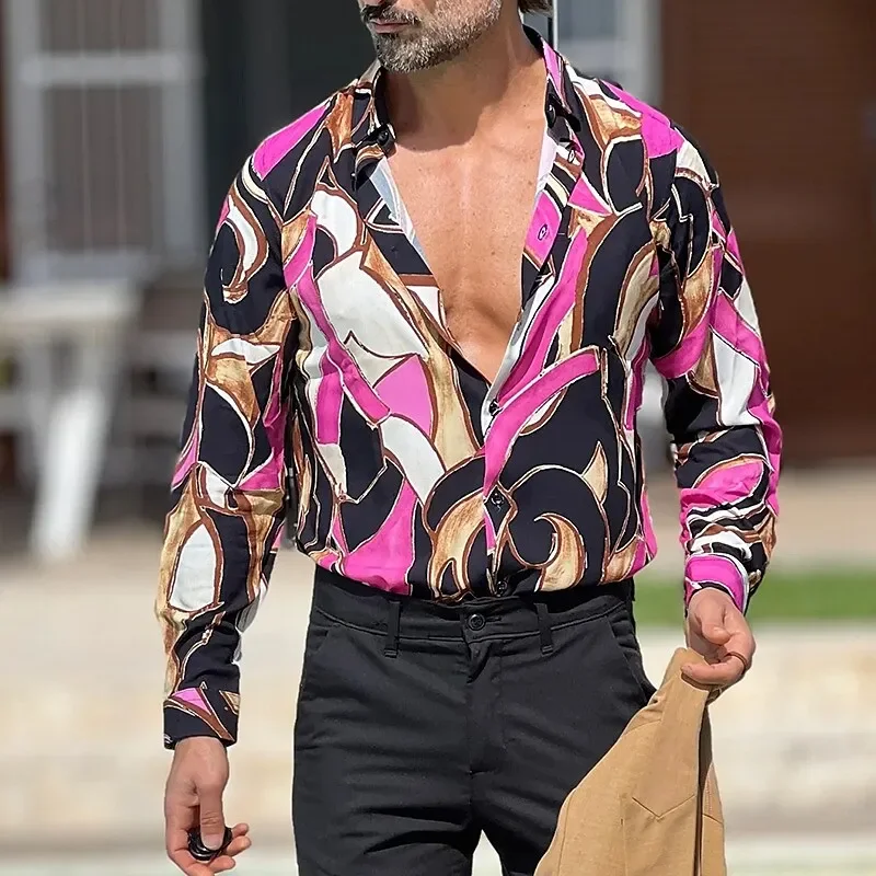 

Мужская рубашка с геометрическим принтом, уличная дизайнерская Повседневная рубашка с длинными рукавами, с цветным блочным графическим принтом, цвета фуксия, зеленый