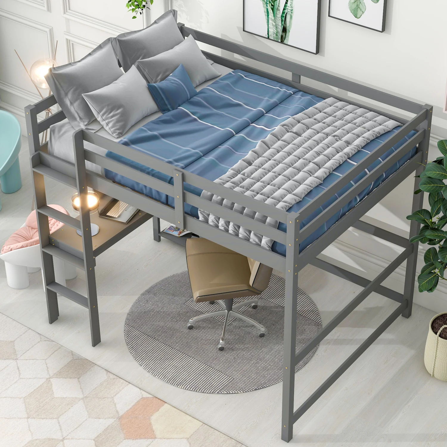 Full Loft Bed with Desk ,Shelves and Ladder, Grey 2