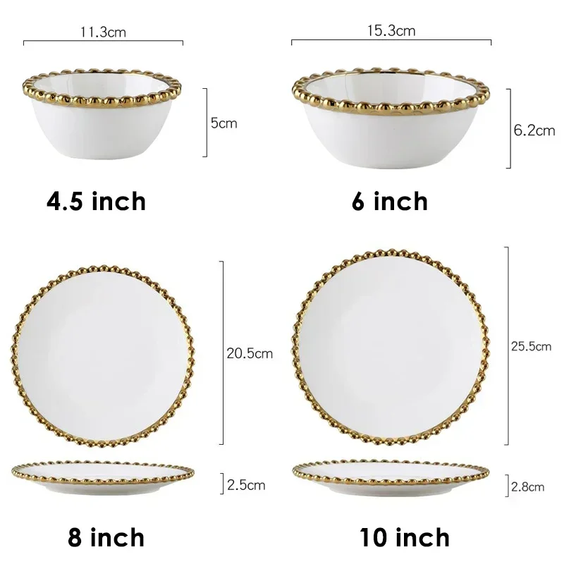 White Ceramic Dinnerware Home Set Hotel Round Plates Dinner and Soup Bowls Salad Wedding Party Dishes Serving with Gold Rim