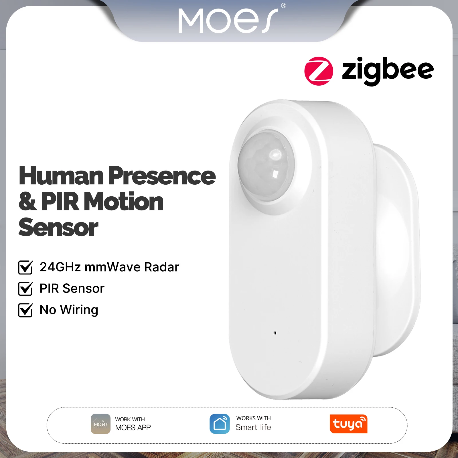MOES ZigBee 인간 존재 감지 PIR 센서 스마트 레이더 24GHz mmWave Tuya 무선 앱 원격 모니터링 움직임 및 무동 감지