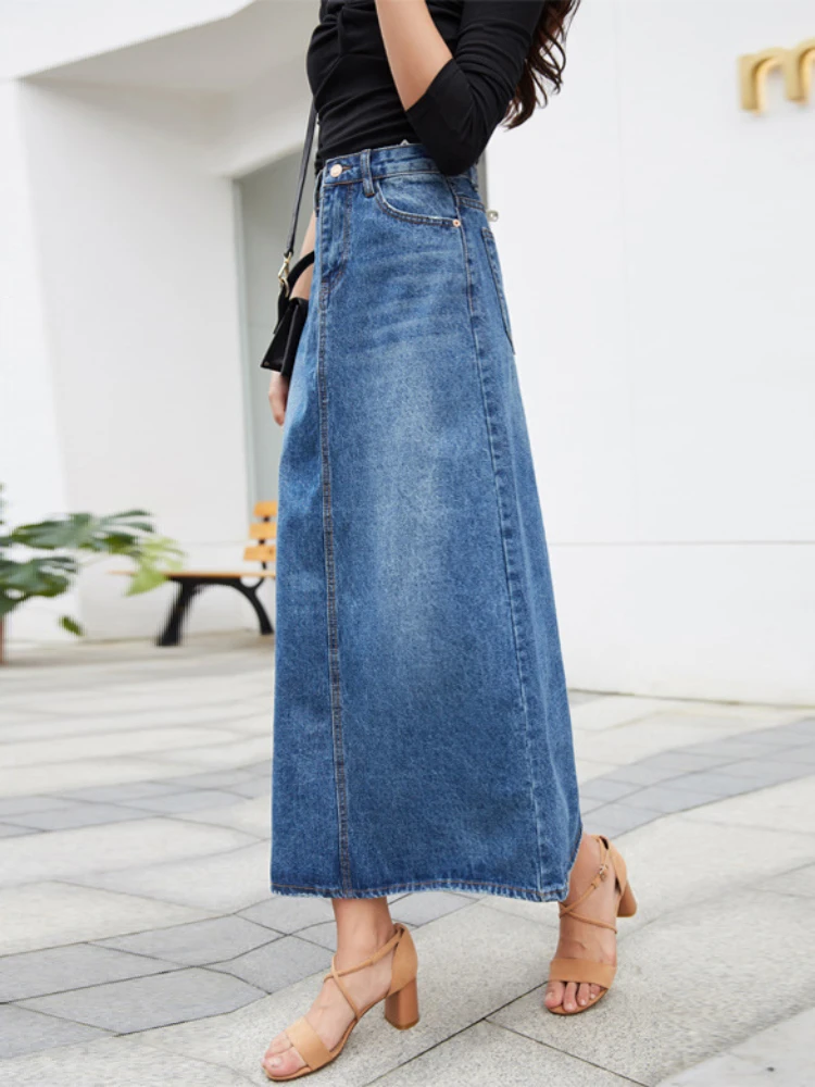 nike tennis skirt Denim Skirt Long Women Blue Solid A-line Skirts Fashion Lady Streetwear Casual Pocket High Waist Jeans Skirt Office Maxi Skirt satin skirt