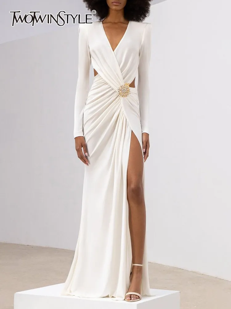 

TWOTWINSTYLE Irregular Solid Dresses For Women V Neck Long Sleeve High Waist Hollow Out Patchwork Diamond Dress Female Fashion