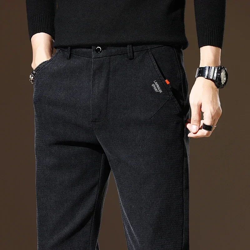 

2023 New Autumn Classic Work Stretch Pants Men's Cotton Elastic Waist Business Slim Fit Thick Casual Cargo Trousers Male