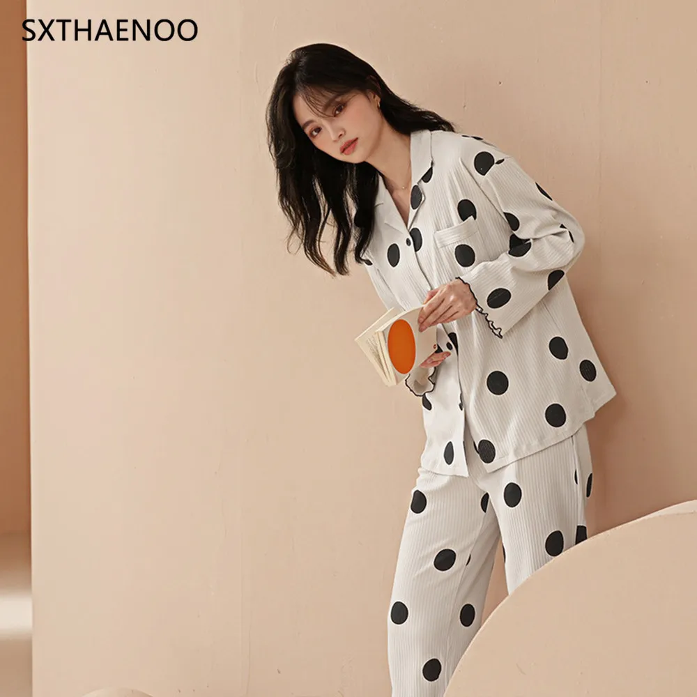 цена SXTHAENOO New Women Home Wear Spring Autumn Long Sleeved Women Pajamas Set Casual Loose Pyjamas Sets Cotton Leisure SleepwearSet