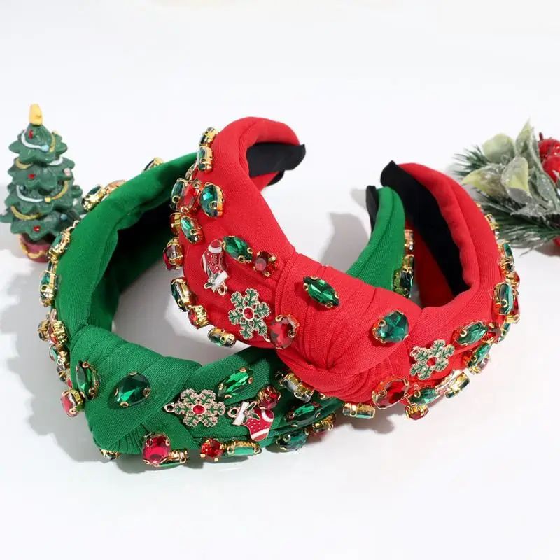 Christmas Knotted Headbands For Women Beaded Christmas Headwear Wide Hairband Festive Holiday Top Knot Hairband For