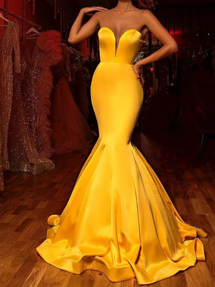 2022  Yellow Mermaid  Evening Gowns Women Party Dress Deep V-Neck Whithout Sleeves Simple Prom Dresses long sleeve evening gowns