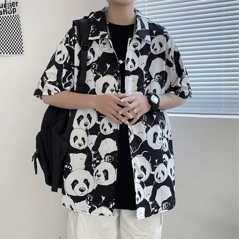 

Harajuku Shirts Young Men Street Fashion Clothing Cartoon Panda Full Print Streetwear Single Breasted Shirts Unisex Blusas