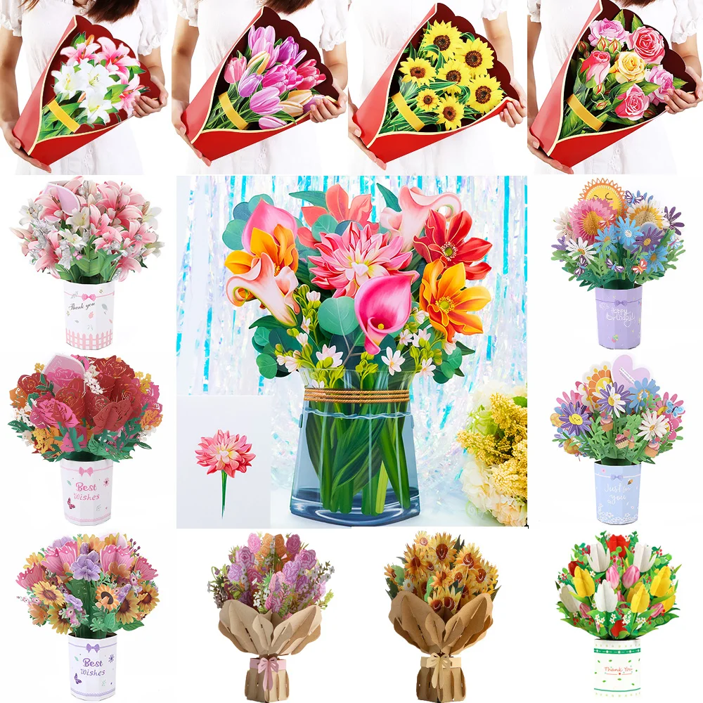 Greeting Cards 3D Pop Up Holding Flower Wedding Invitation Valentine's Day Anniversary Handmade Thank You Wishes Gifts