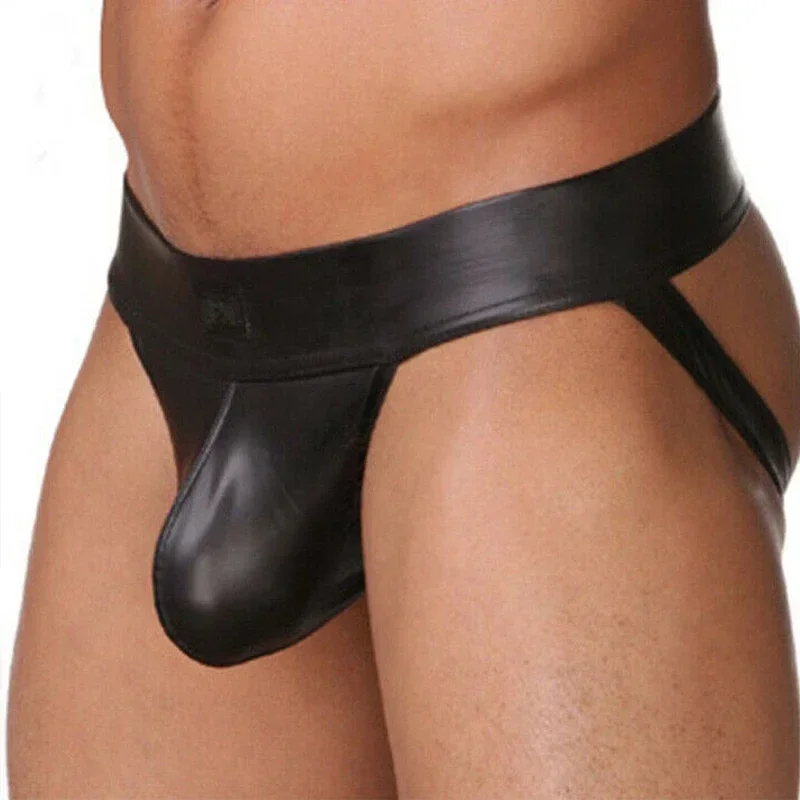 Men's Jockstrap Underwear Faux Leather Briefs G-string Thong Sexy Erotic Lingerie T-back Penis Pouch Bikini Metal Ring Homme