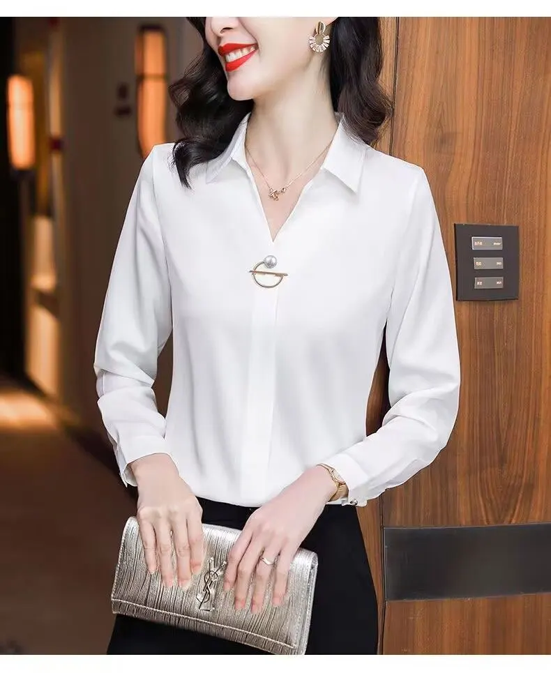 Basic Office Lady Solid Color Shirt Female Clothing Elegant Fashion V-Neck 2023 Spring Autumn Commuter Korean Long Sleeve Blouse