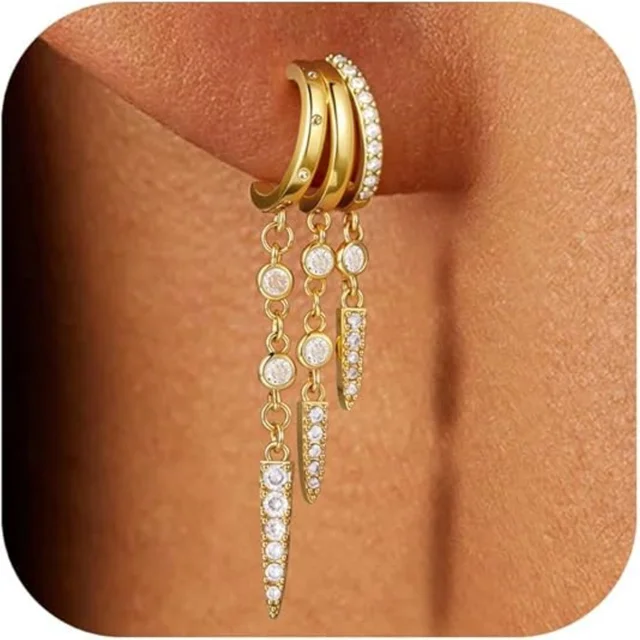 Boucles d'oreilles Triple Huggie plaquées or 14 carats pour femmes, chaîne scintillante CZ, pompon hypoallergénique, bijoux cadeaux