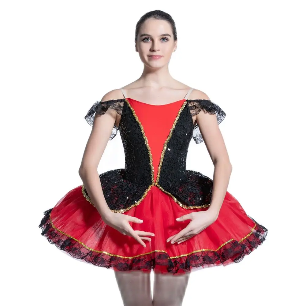 

19069 Off Shoulder Black Sequin and Red Spandex Bodice with Red Tulle Tutu Skirt Girls/Women Ballet Stage Performance Dancewear