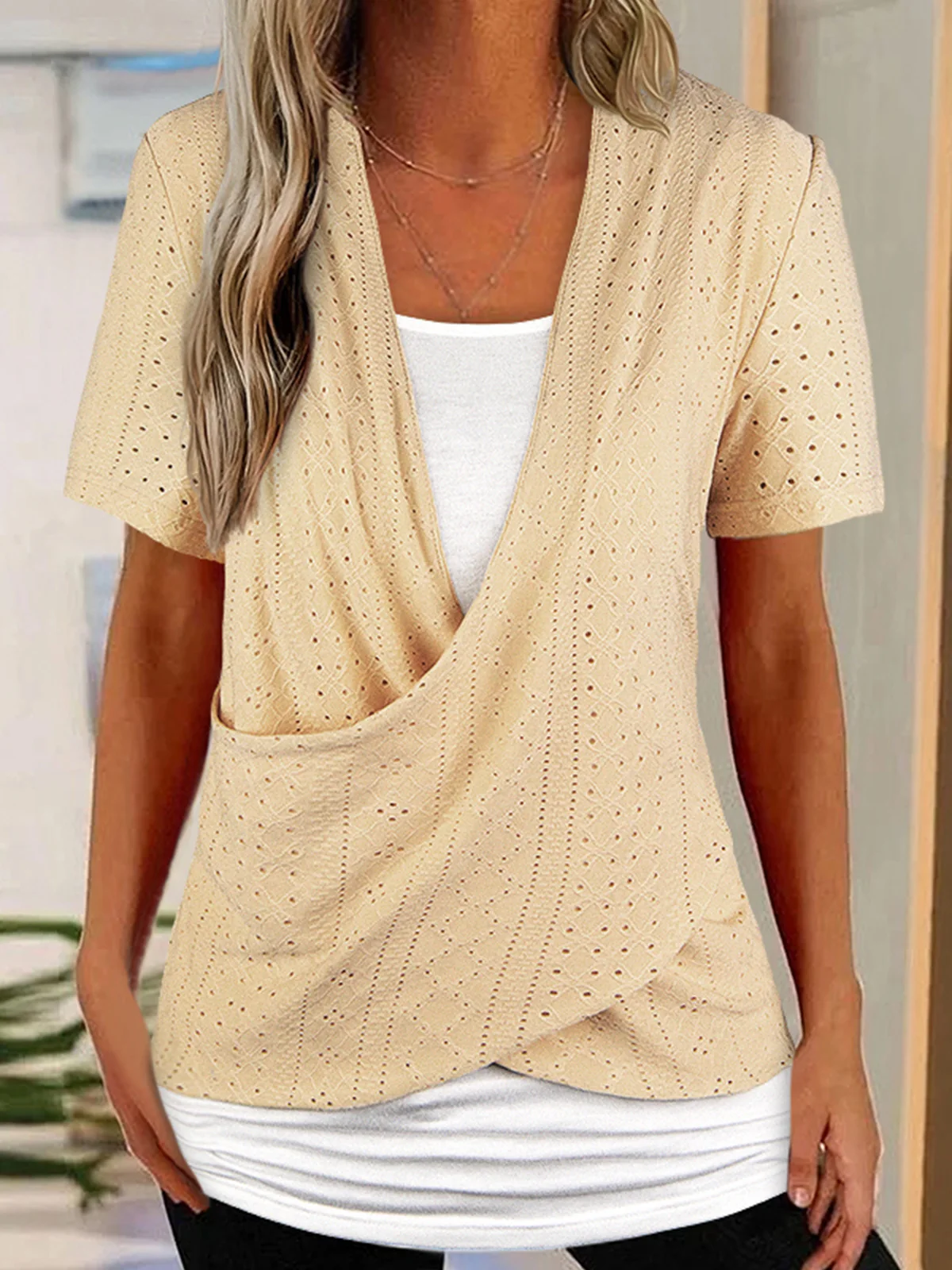 

2023 Ruched Hollow Out Wrap Fake Two-Piece Blouse Women Casual Short Sleeve Office Elegant Work Chic Cozy Tops Simple Style