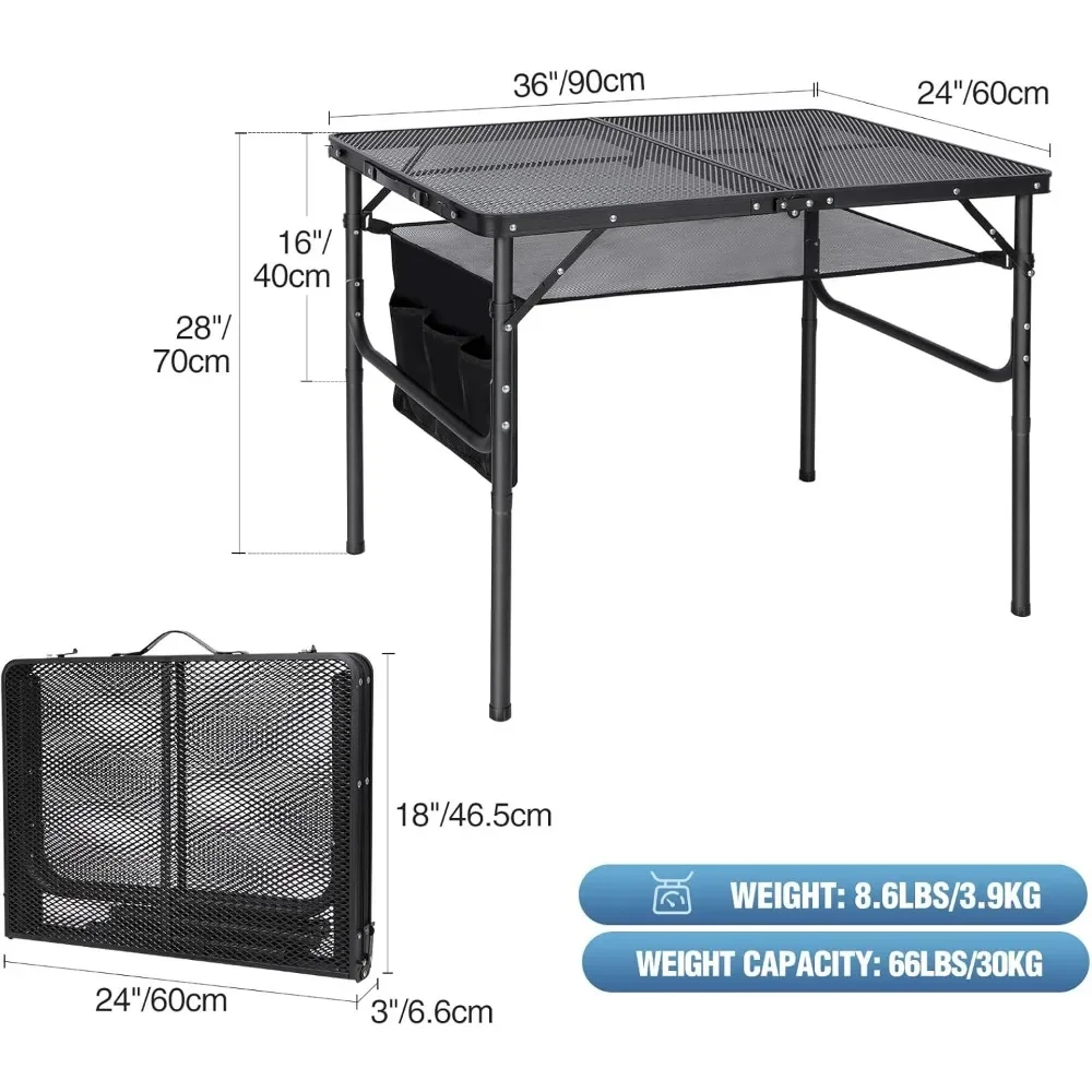 Folding Grill Table,Aluminum Portable Grill Stand Table for Outdoor Camping Picnic BBQ Lightweight, Adjustable Height, 36''x24'