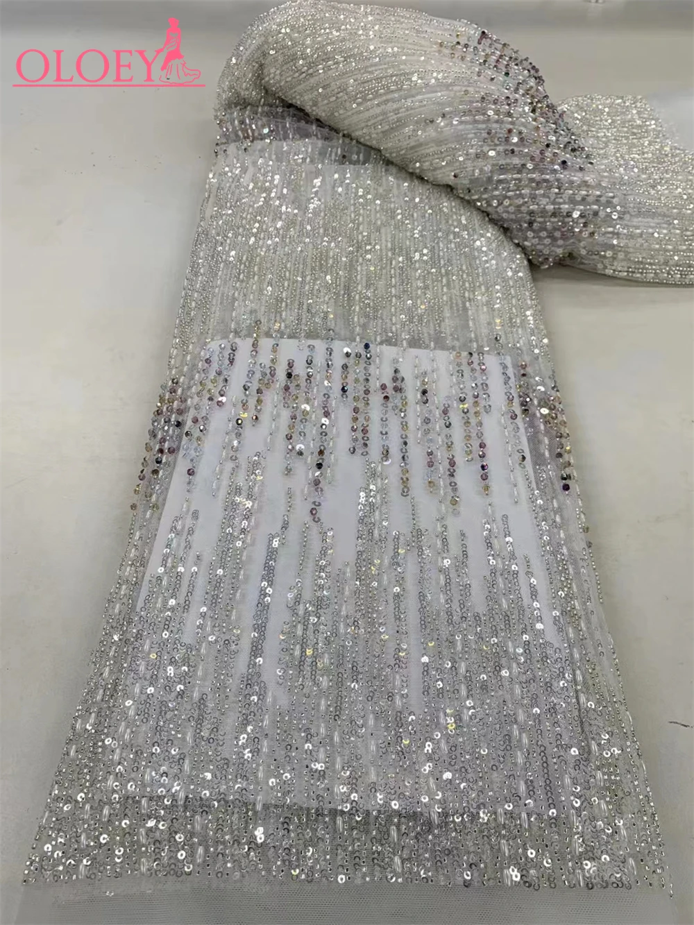 

High-End French Embroidery Diamond Beaded And Rice Foam Bead Lace Fabric African Nigerian With Sequins Fabric For Wedding Dress