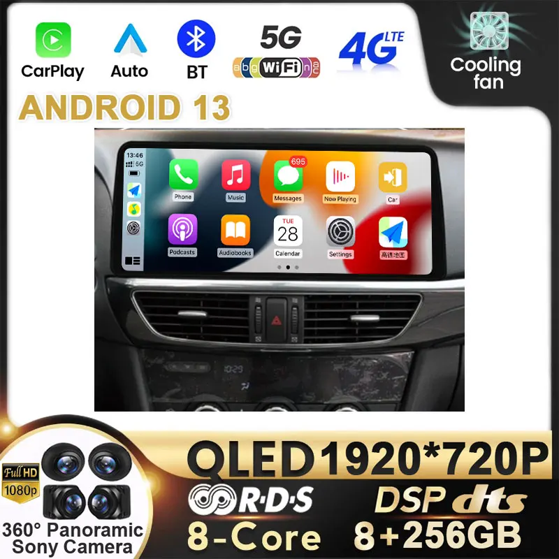 

Автомагнитола 12,3 дюйма для Mazda 6 Atenza 2013, 2014, 2015, 2016, Android 13, Carplay, автомобильный стерео Мультимедийный видеоплеер BT QLED