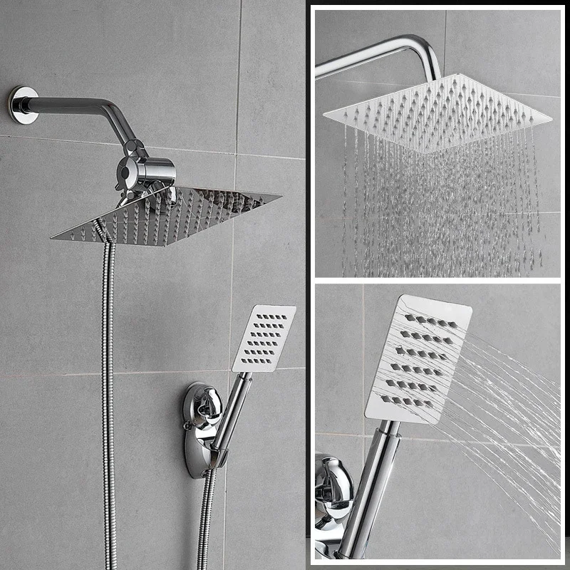 Shower Set Three-function 8-inch Nozzle Square 304 Stainless Steel Rain Shower Pressure Set 5-piece