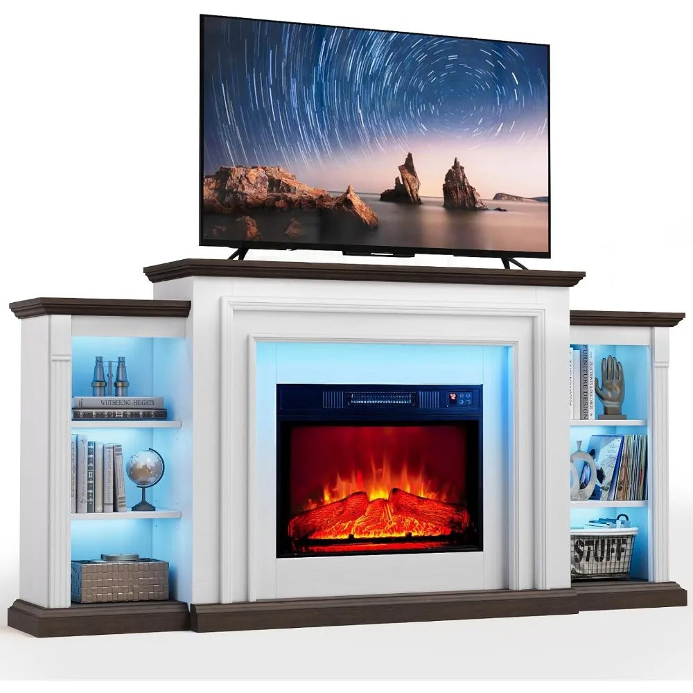 LED Electric Fireplace with Mantel, Fireplace TV Stand for 80 Inch TV, Modern Entertainment Center with Storage, Delicate 2