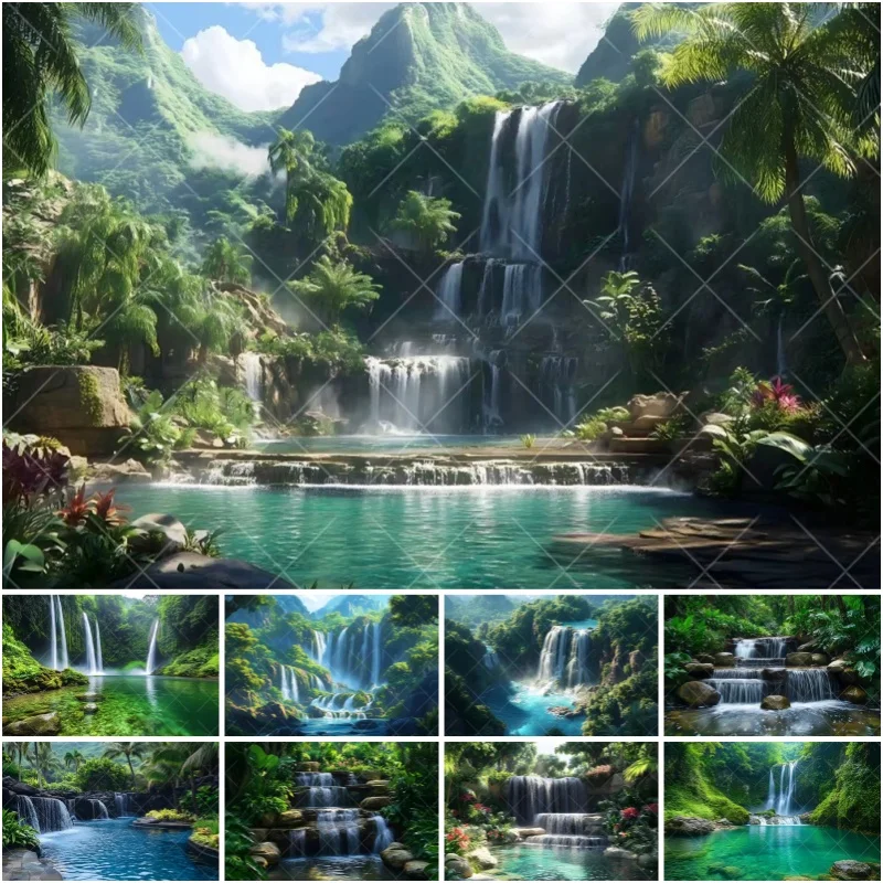 ฉากหลังถ่ายภาพภูมิทัศน์ป่าฝนเขตร้อน น้ำตก ป่าไม้สีเขียว สำหรับตกแต่งงานปาร์ตี้ ฉากถ่ายภาพ อุปกรณ์ประกอบฉากถ่ายภาพ 1