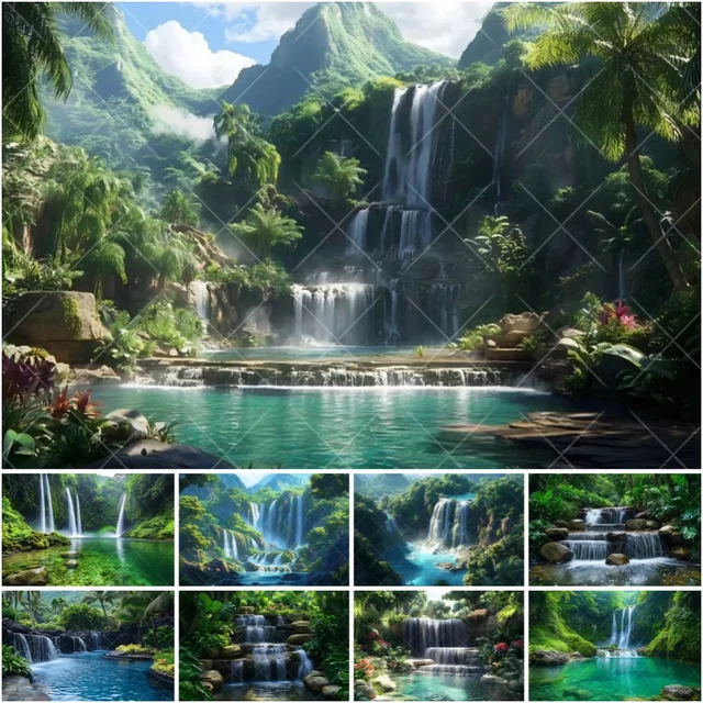 ฉากหลังถ่ายภาพภูมิทัศน์ป่าฝนเขตร้อน น้ำตก ป่าไม้สีเขียว สำหรับตกแต่งงานปาร์ตี้ ฉากถ่ายภาพ อุปกรณ์ประกอบฉากถ่ายภาพ 1