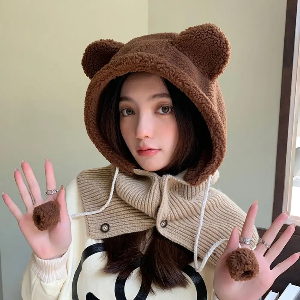 

Plush Knitted Scarf Hat Fashion Thickened Warm Soft Warm Ear Hats Scarf One Piece Hooded Windproof Women Beanies Caps Women