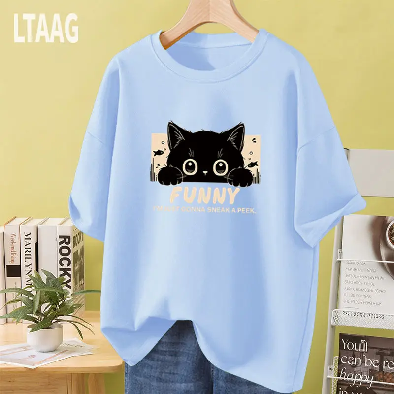 

Women Pure Cotton T-shirt Summer O-neck Short Sleeve Basics Pullover Chic Printed Loose Casual Comfortable Cartoon Tops