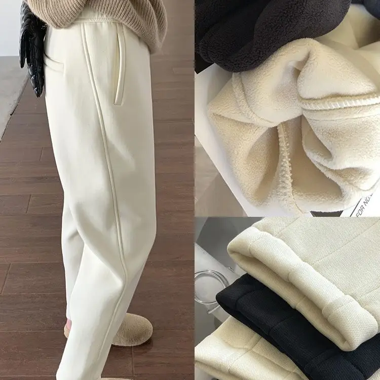 

Women Plush Thicken Warm Cropped Pants For Winter Cotton Casual Loose Comfortable Harem Trousers Velvet Hot Lining Sweatpants