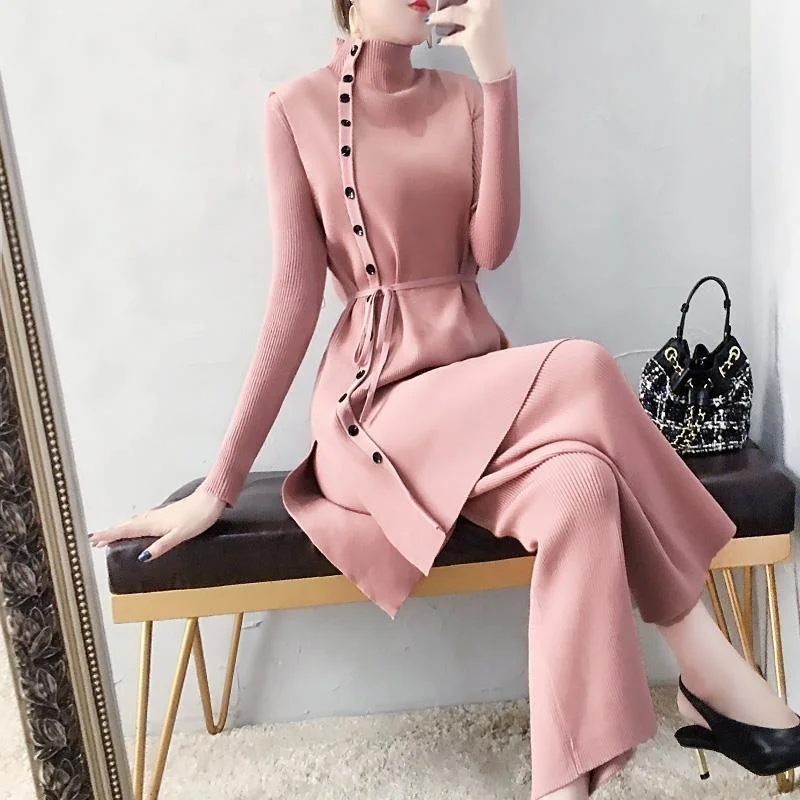 Women's 2022 Fashion Autumn New Style Temperament Knitted Wide Leg Pants Two-piece Suit Light Three-piece Women Sets Clothing