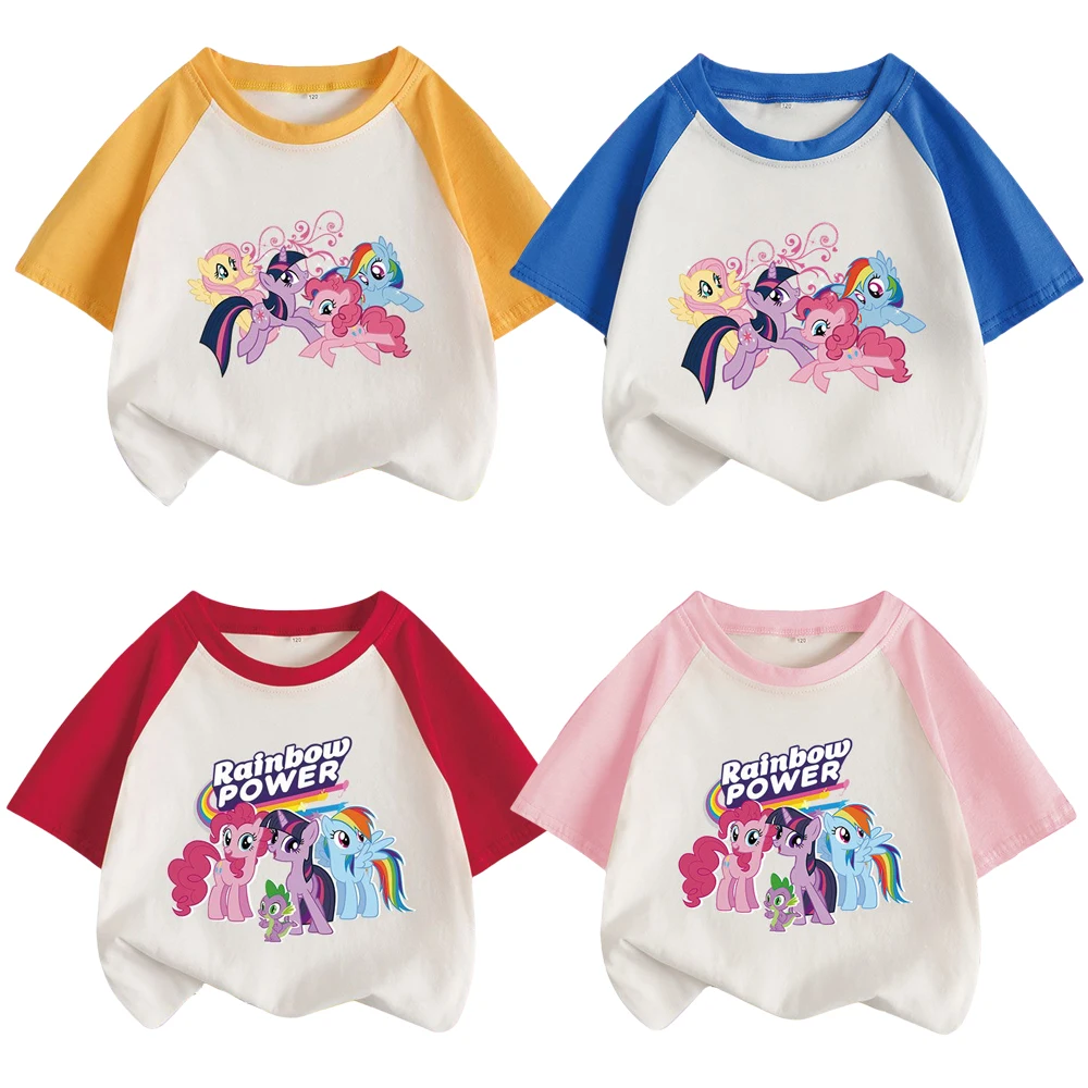 Милые блестящие детские топы с рисунком аниме My Little Pony Pinkie Pie Fluttershy, летняя одежда для девочек с короткими рукавами, футболка