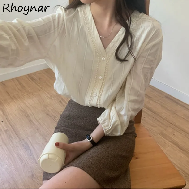 

Solid Shirts Women Summer Elegant Thin Korean Style V-neck Long Sleeve Simple Trendy Lovely Girls Gentle All-match Leisure Cozy