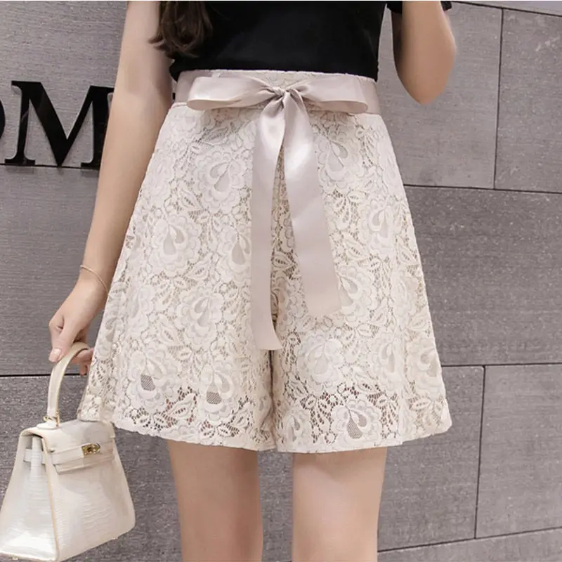 Summer New Korean Fashion Slim Wide Leg Lace Shorts Women's Solid Zipper Bow Drawstring Temperament Casual Loose A-line Pants
