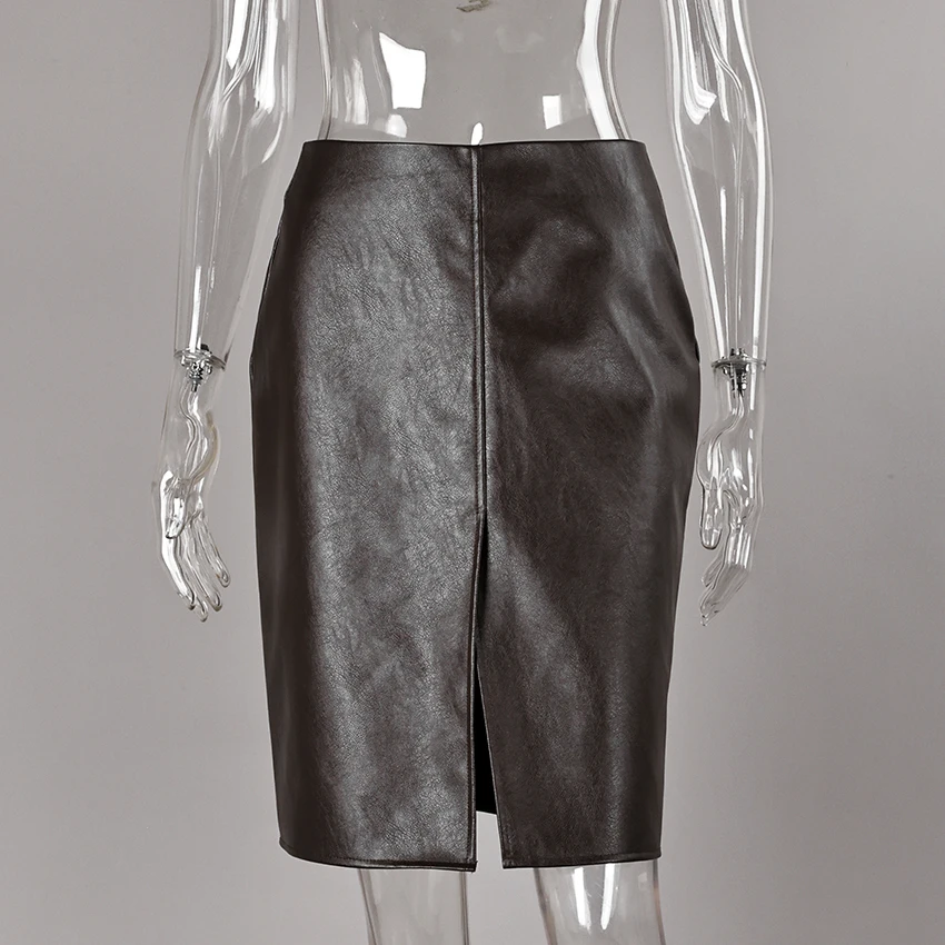 Linad Street Chic Brown PU Split Skirts Women 2026 Fashion Slim High Waist Straight Skirts Casual Knee Length Skirt Female Fall