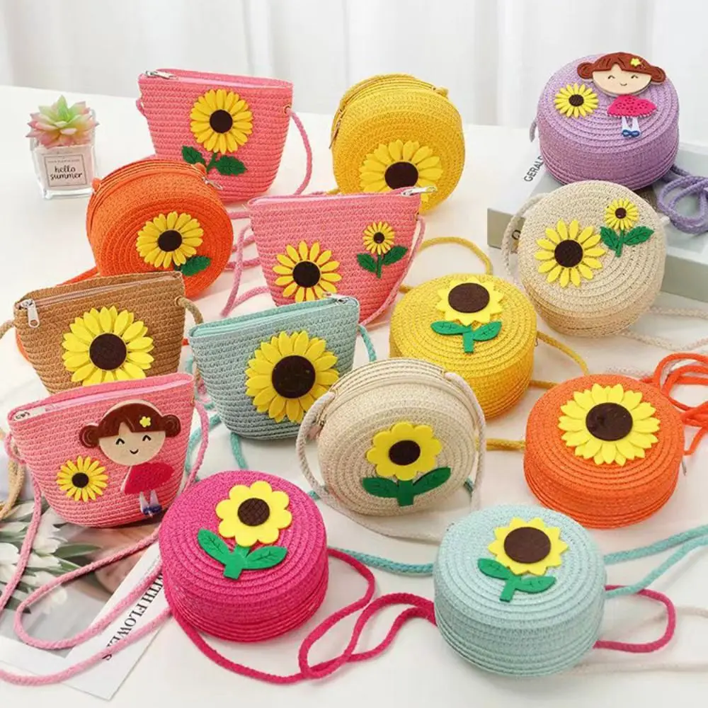 New Straw Crossbody Bag Flower Small Shoulder Bag Coin Purse Girls Kids