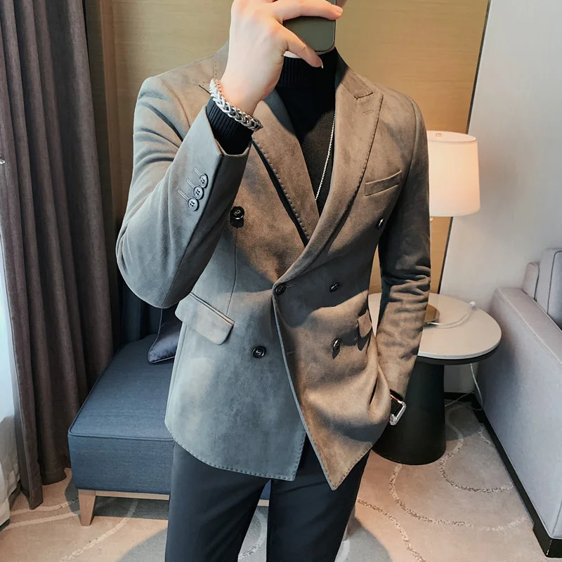 Spring Korean Fit Solid Color Two Grain Double breasted Suit Brand Clothing Men's Suede Fabric Fit Fashion Suit Jacket