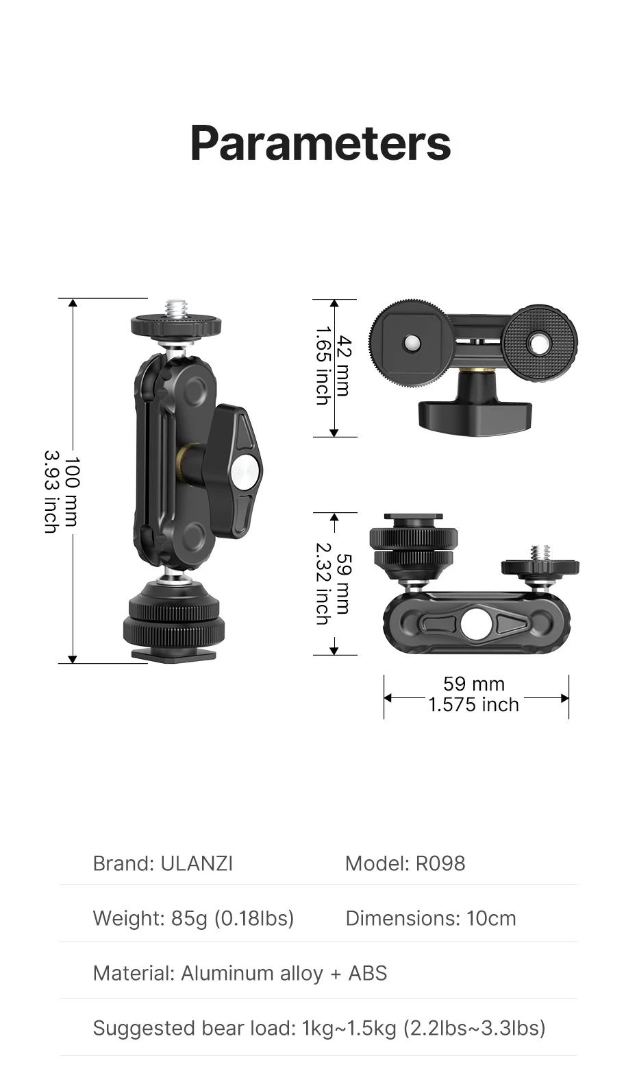 R098 Double Ball Heads Magic Arm with Cold Shoe Mount 1/4'' Screw for DSLR Came