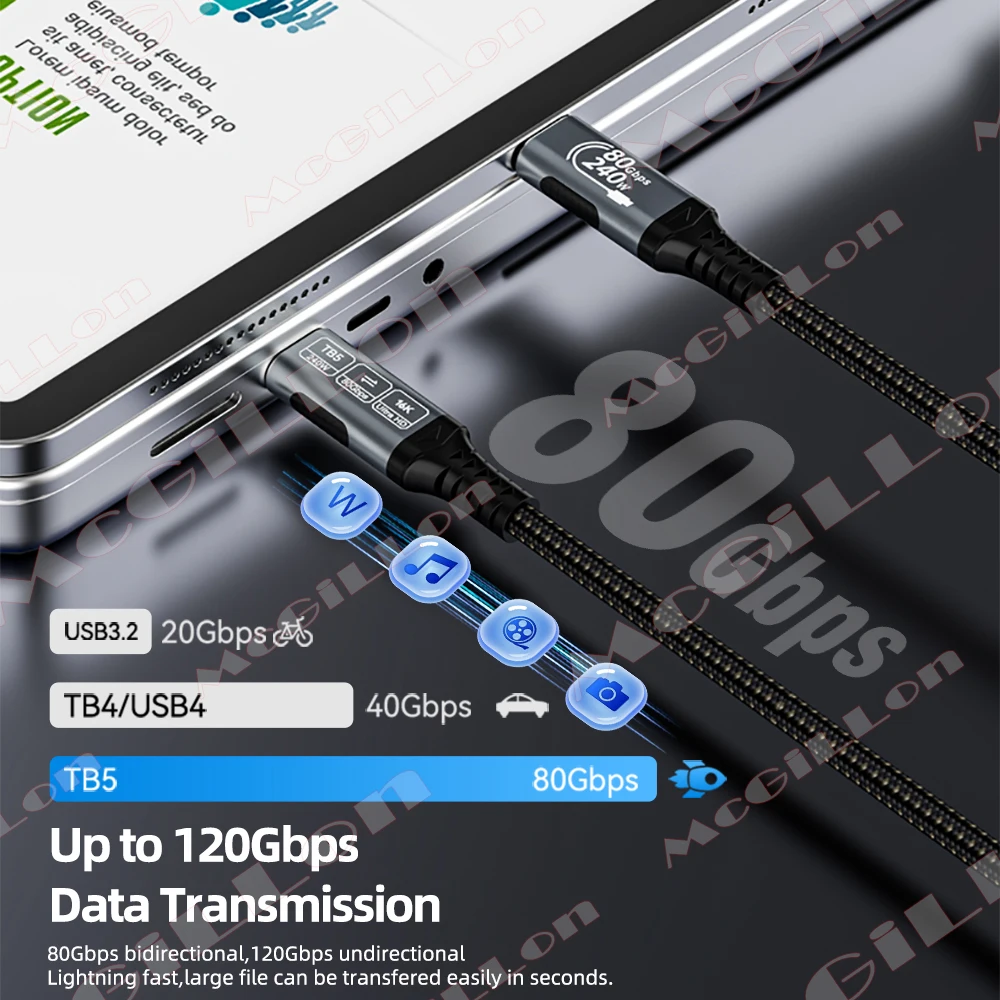 16K 120Gbps 타입 C 케이블 80Gbps 240W 썬더볼트 5 풀 기능 고속 충전 케이블 썬더볼트4/3 USB C to C 데이터 전송