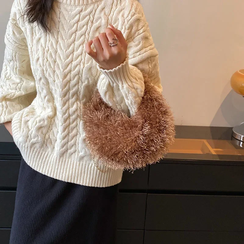 Shoulder Bags for Women Handbags NEW Autumn Winter Plush Fashion Carrying Small Round Fur Bag Cute Crossbody Underarm Bag